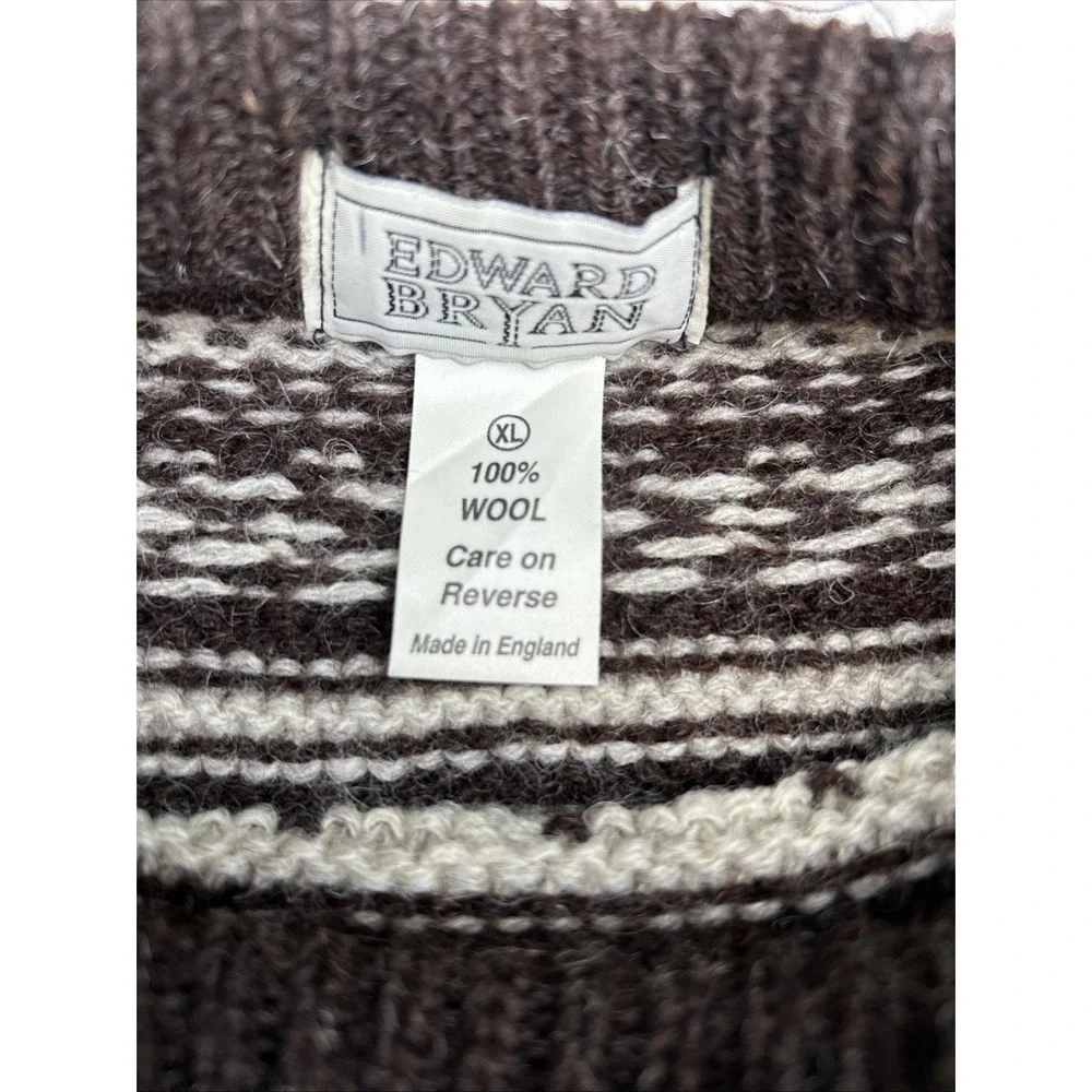 Edward Bryan Mens XL Wool Sweater Brown Cream Greek Key Made in England